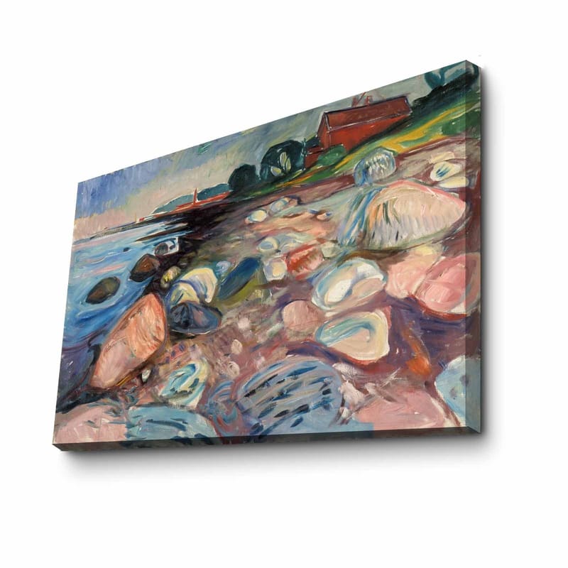 Lerretsbilde 70x100 cm - Fargerik strandscene med steiner og en rød hytte i bakgrunnen - Blå / Rosa / Grønn - Interiør - Maleri & posters - Lerretsbilder