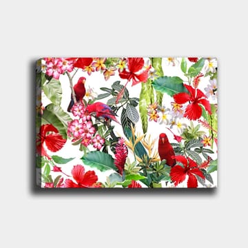 Lerretsbilde 70x100 cm - Fargerik tropisk flora med røde papegøyer og blomster - Rød / Grønn / Rosa - Interiør - Maleri & posters - Lerretsbilder