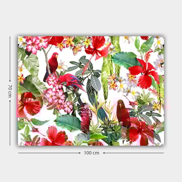 Lerretsbilde 70x100 cm - Fargerik tropisk flora med røde papegøyer og blomster - Rød / Grønn / Rosa - Interiør - Maleri & posters - Lerretsbilder