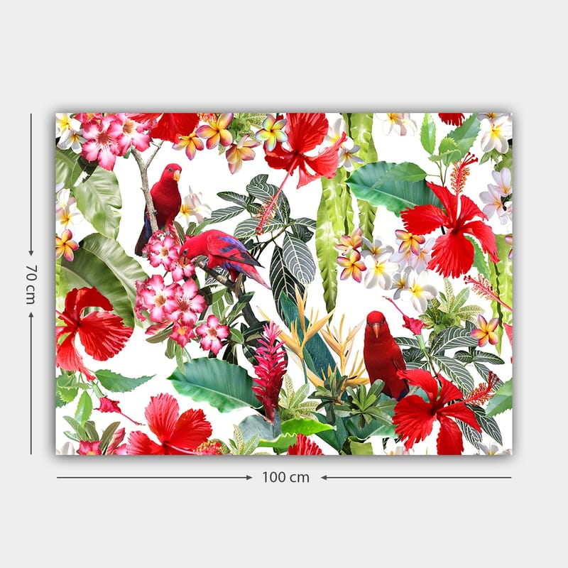 Lerretsbilde 70x100 cm - Fargerik tropisk flora med røde papegøyer og blomster - Rød / Grønn / Rosa - Interiør - Maleri & posters - Lerretsbilder