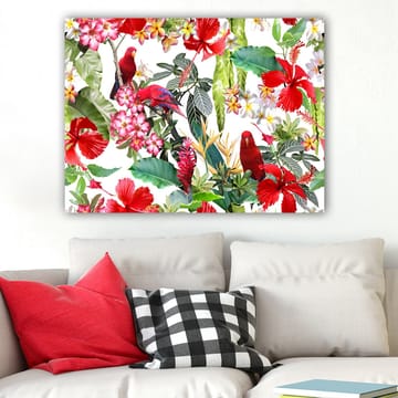 Lerretsbilde 70x100 cm - Fargerik tropisk flora med røde papegøyer og blomster - Rød / Grønn / Rosa - Interiør - Maleri & posters - Lerretsbilder