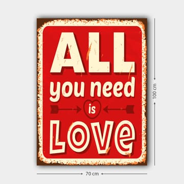 Lerretsbilde 70x100 cm - Fargerik trykk med teksten ALL you need is LOVE som uttrykker kjærlighet og positivitet - Rød / Hvit / Svart - Interiør - Maleri & posters - Lerretsbilder