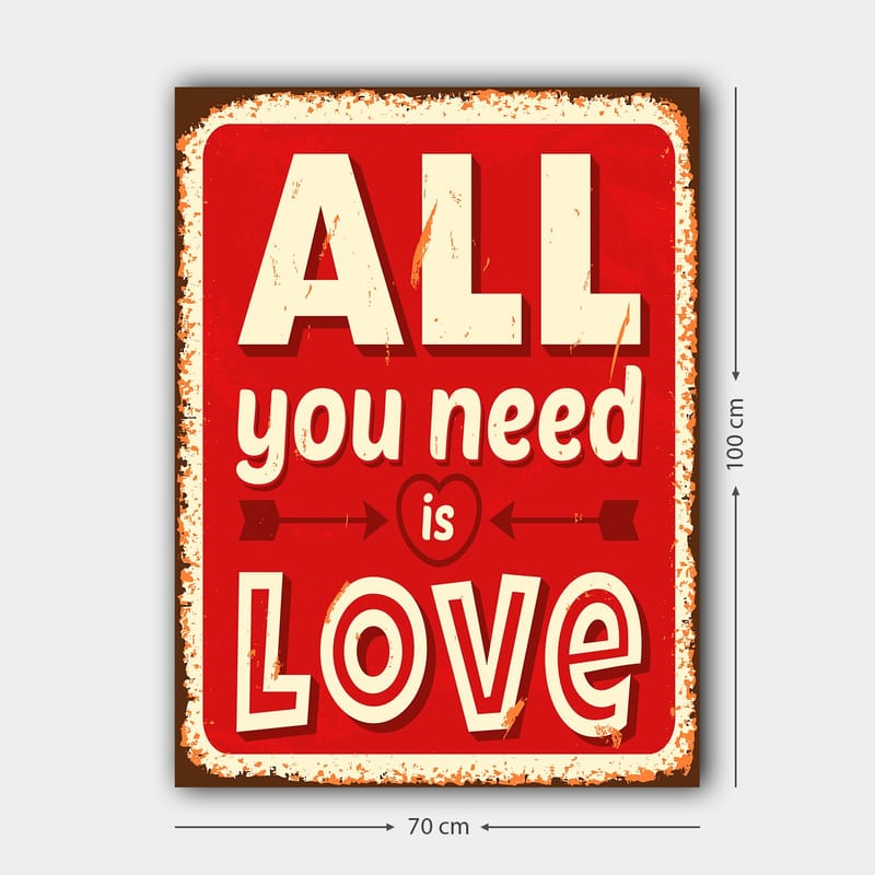 Lerretsbilde 70x100 cm - Fargerik trykk med teksten ALL you need is LOVE som uttrykker kjærlighet og positivitet - Rød / Hvit / Svart - Interiør - Maleri & posters - Lerretsbilder