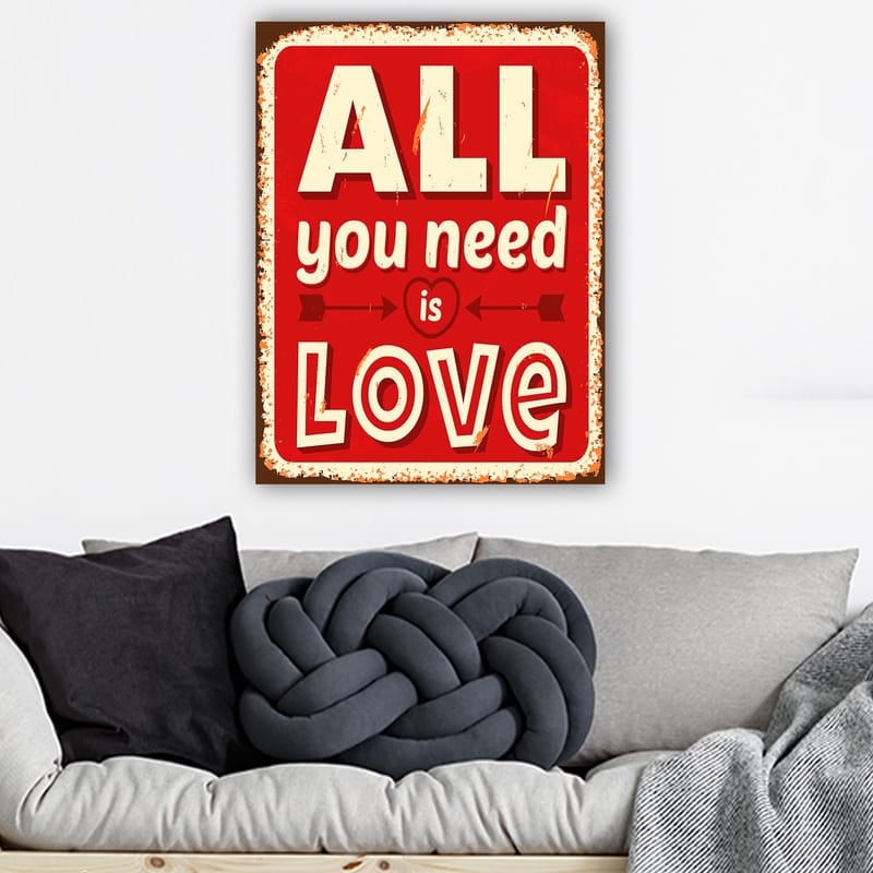 Lerretsbilde 70x100 cm - Fargerik trykk med teksten ALL you need is LOVE som uttrykker kjærlighet og positivitet - Rød / Hvit / Svart - Interiør - Maleri & posters - Lerretsbilder