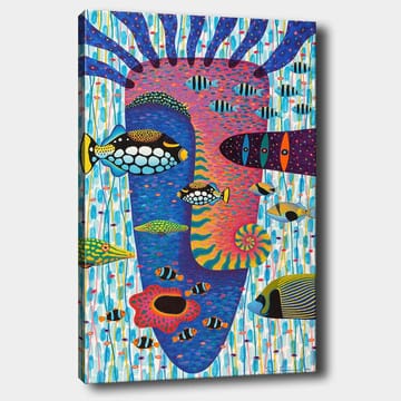 Lerretsbilde 70x100 cm - Fargerik undervannsscene med forskjellige fisker og et ansiktsmotiv i bakgrunnen - Blå / Rosa / Gul - Interiør - Maleri & posters - Lerretsbilder