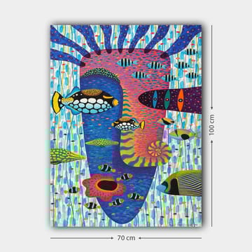 Lerretsbilde 70x100 cm - Fargerik undervannsscene med forskjellige fisker og et ansiktsmotiv i bakgrunnen - Blå / Rosa / Gul - Interiør - Maleri & posters - Lerretsbilder