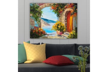 Lerretsbilde 70x100 cm - Fargerik utsikt gjennom en bue med blomster og hav i bakgrunnen - Blå / Oransje / Grønn - Interiør - Maleri & posters - Lerretsbilder