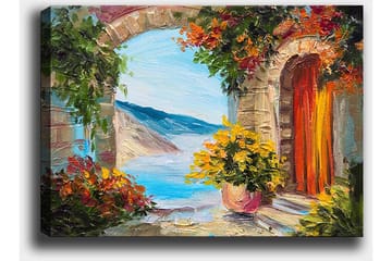 Lerretsbilde 70x100 cm - Fargerik utsikt gjennom en bue med blomster og hav i bakgrunnen - Blå / Oransje / Grønn - Interiør - Maleri & posters - Lerretsbilder