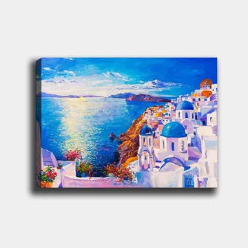 Lerretsbilde 70x100 cm - Fargerik utsikt over en gresk kystby med hvite bygninger og blå kupler som strekker seg mot havet - Blå / Hvit / Oransje - Interiør - Maleri & posters - Lerretsbilder