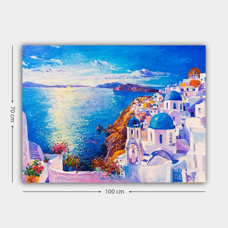 Lerretsbilde 70x100 cm - Fargerik utsikt over en gresk kystby med hvite bygninger og blå kupler som strekker seg mot havet - Blå / Hvit / Oransje - Interiør - Maleri & posters - Lerretsbilder