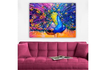 Lerretsbilde 70x100 cm - Fargerik påfugl med spredte fjær som skaper en dramatisk effekt - Blå / Lilla / Gul - Interiør - Maleri & posters - Lerretsbilder