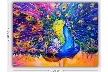 Lerretsbilde 70x100 cm - Fargerik påfugl med spredte fjær som skaper en dramatisk effekt - Blå / Lilla / Gul - Interiør - Maleri & posters - Lerretsbilder