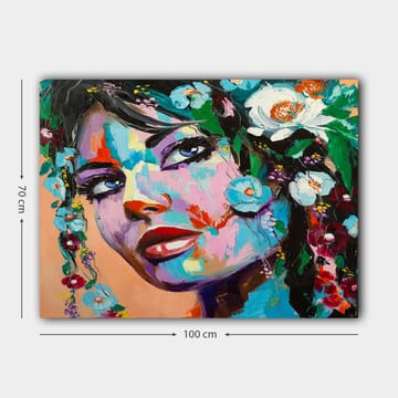 Lerretsbilde 70x100 cm - Fargerik portrettmaleri av en kvinne med blomster i håret - Blå / Rød / Grønn - Interiør - Maleri & posters - Lerretsbilder