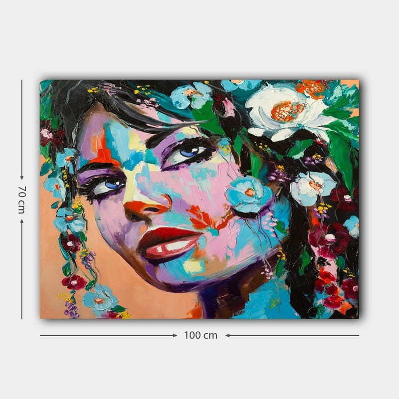 Lerretsbilde 70x100 cm - Fargerik portrettmaleri av en kvinne med blomster i håret - Blå / Rød / Grønn - Interiør - Maleri & posters - Lerretsbilder