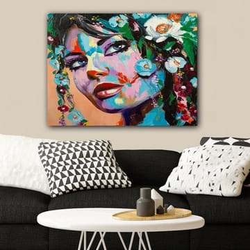 Lerretsbilde 70x100 cm - Fargerik portrettmaleri av en kvinne med blomster i håret - Blå / Rød / Grønn - Interiør - Maleri & posters - Lerretsbilder