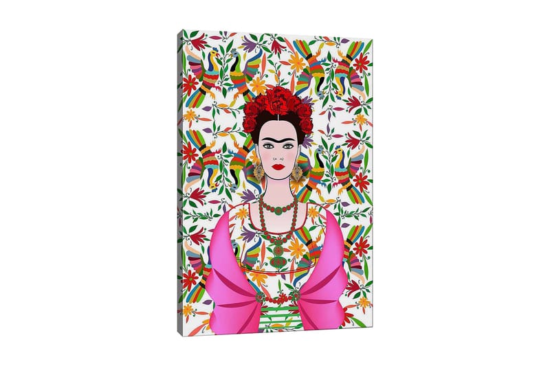 Lerretsbilde 70x100 cm - Fargerik portrett av en kvinne iført tradisjonelle meksikanske klær og blomster i håret, omgitt av en livlig bakgrunn med fugler og blomster, Rosa / Grønn / Rød