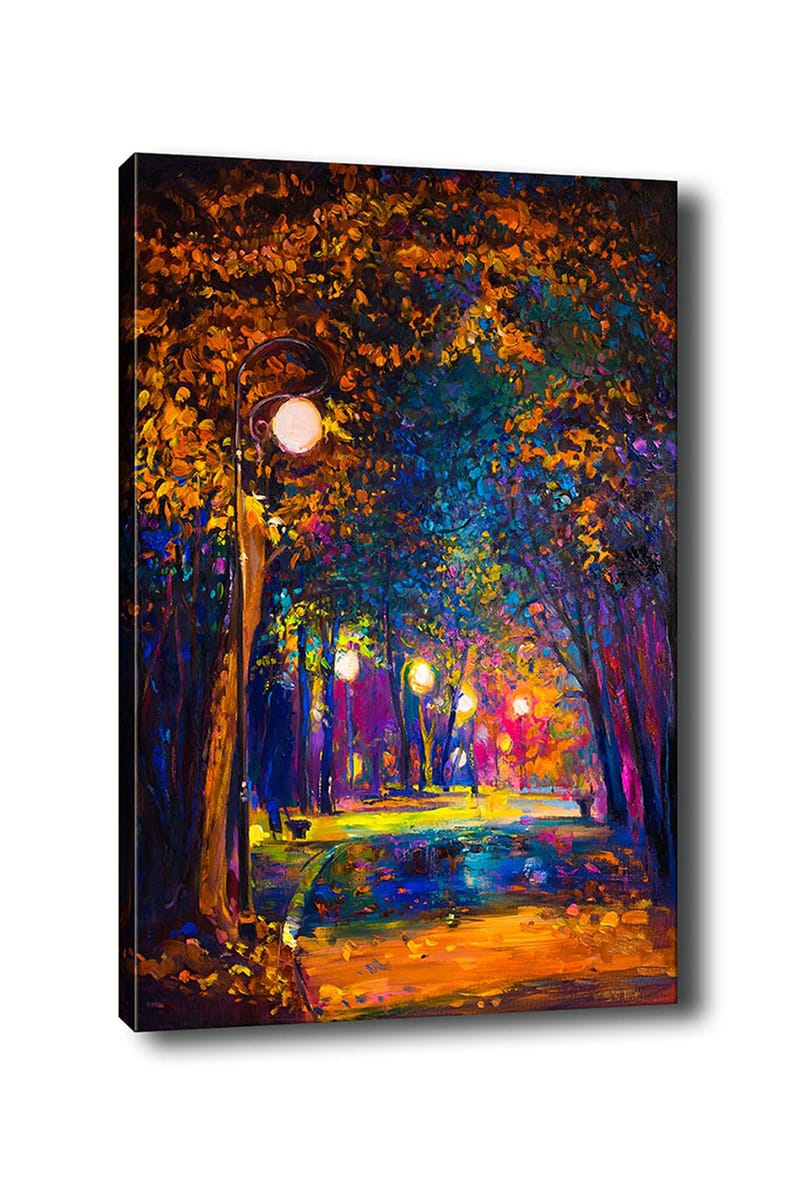 Lerretsbilde 70x100 cm - Fargerik park med gatelykter som lyser opp en tursti omgitt av trær i høstfarger, Mørk blå / Oransje / Lilla