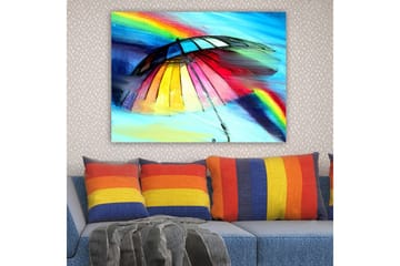 Lerretsbilde 70x100 cm - Fargerik paraply med regnbue i bakgrunnen - Rød / Gul / Blå - Interiør - Maleri & posters - Lerretsbilder