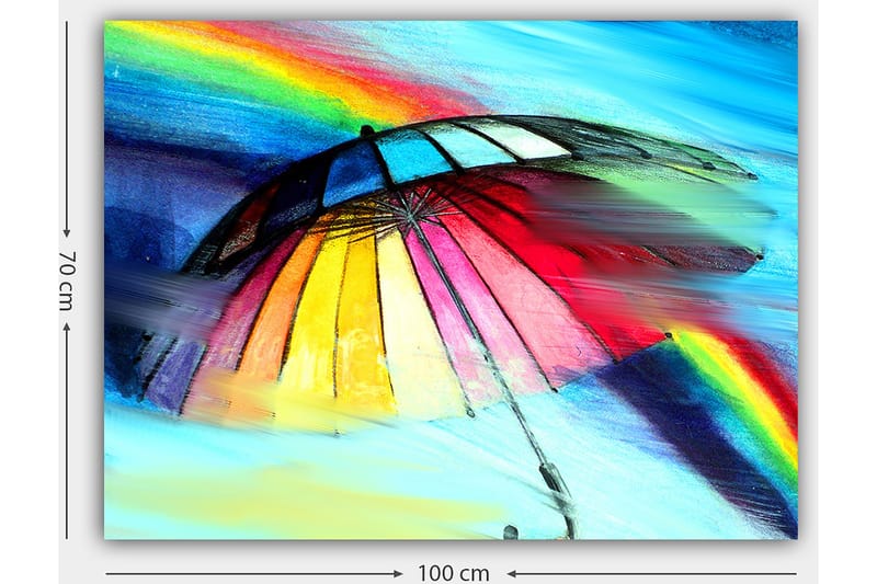 Lerretsbilde 70x100 cm - Fargerik paraply med regnbue i bakgrunnen - Rød / Gul / Blå - Interiør - Maleri & posters - Lerretsbilder