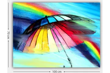 Lerretsbilde 70x100 cm - Fargerik paraply med regnbue i bakgrunnen - Rød / Gul / Blå - Interiør - Maleri & posters - Lerretsbilder