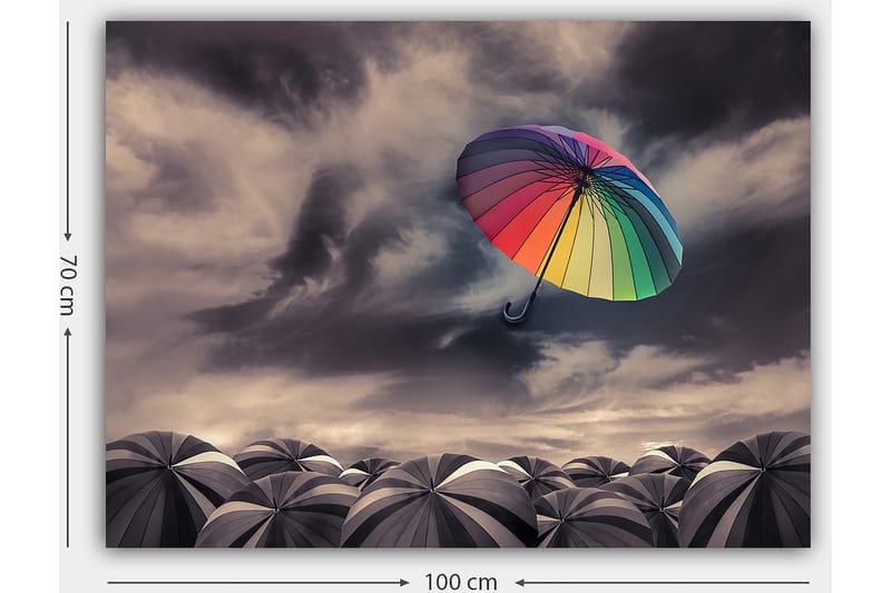 Lerretsbilde 70x100 cm - Fargerik paraply svever over en samling grå paraplyer under en dramatisk overskyet himmel - Regnbuefarger / Grå - Interiør - Maleri & posters - Lerretsbilder