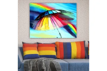 Lerretsbilde 70x100 cm - Fargerik paraply med regnbue i bakgrunnen - Rød / Gul / Blå - Interiør - Maleri & posters - Lerretsbilder