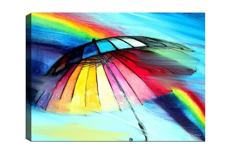 Lerretsbilde 70x100 cm - Fargerik paraply med regnbue i bakgrunnen - Rød / Gul / Blå - Interiør - Maleri & posters - Lerretsbilder