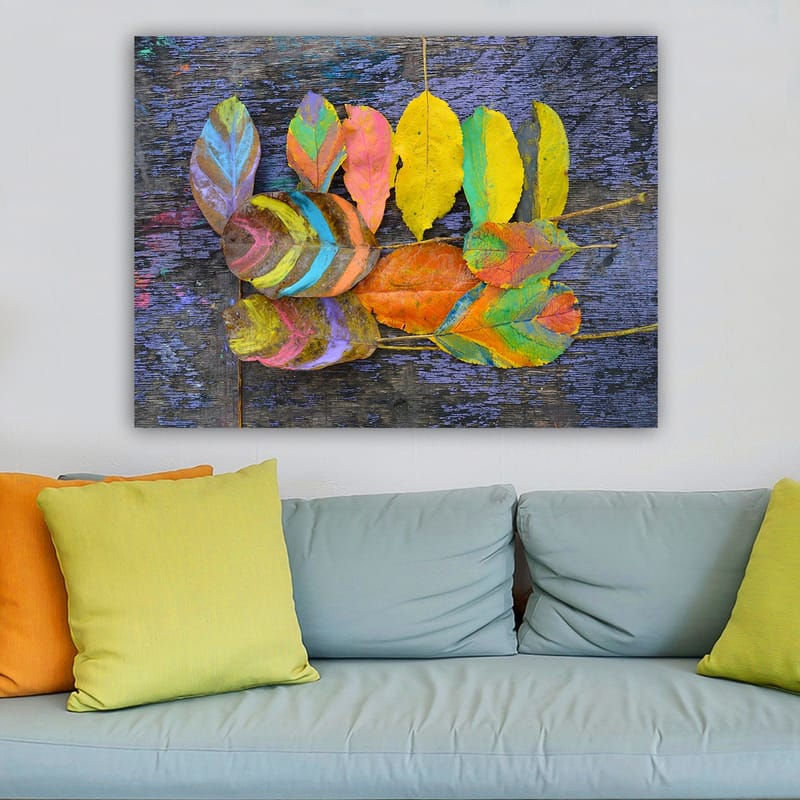 Lerretsbilde 70x100 cm - Fargerike blader arrangert på en mørk bakgrunn - Gul / Oransje / Grønn - Interiør - Maleri & posters - Lerretsbilder