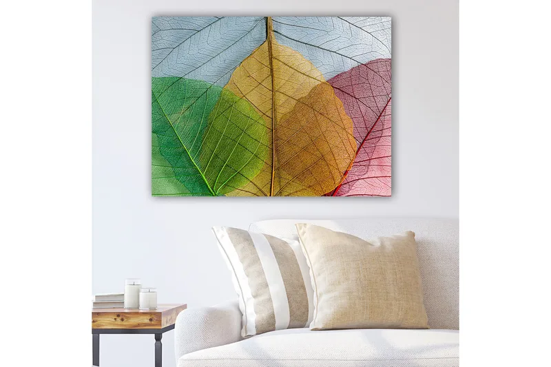 Lerretsbilde 70x100 cm - Fargerike blader i forskjellige nyanser som skaper en harmonisk komposisjon, Grønn / Rød / Gul