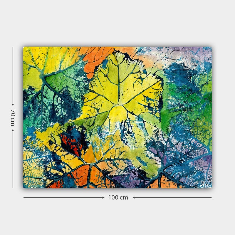 Lerretsbilde 70x100 cm - Fargerike blader i forskjellige nyanser som skaper en levende og abstrakt komposisjon - Gul / Grønn / Oransje - Interiør - Maleri & posters - Lerretsbilder