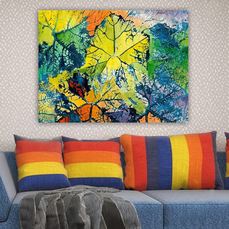 Lerretsbilde 70x100 cm - Fargerike blader i forskjellige nyanser som skaper en levende og abstrakt komposisjon - Gul / Grønn / Oransje - Interiør - Maleri & posters - Lerretsbilder
