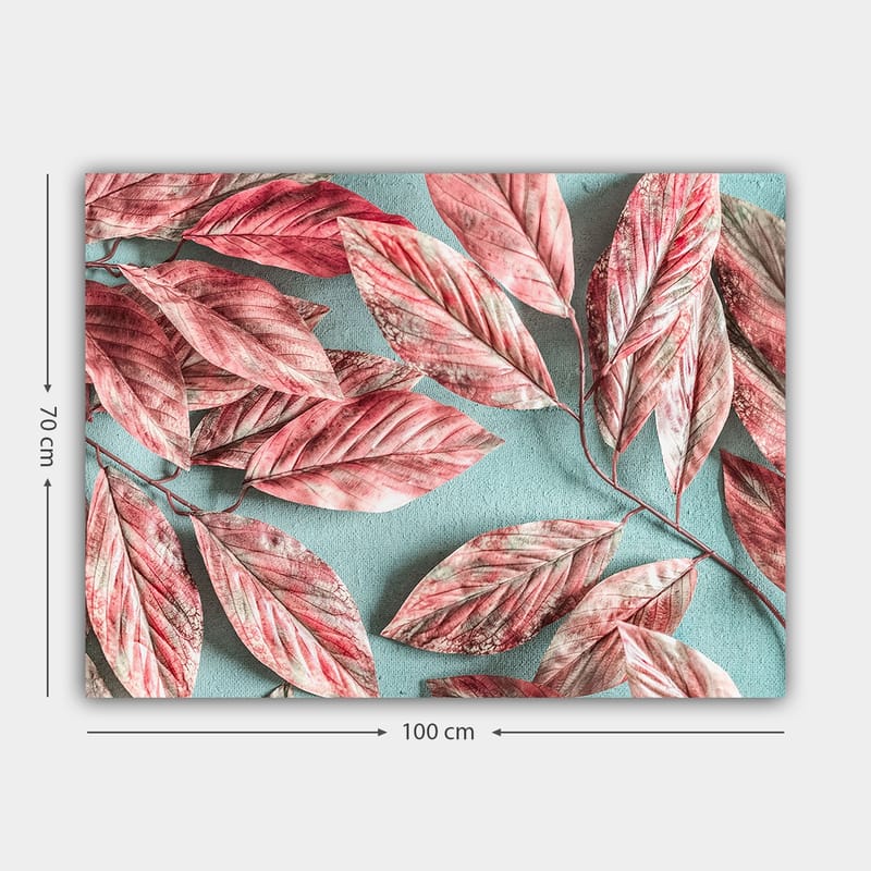 Lerretsbilde 70x100 cm - Fargerike blader i rosa og røde nyanser mot en lyseblå bakgrunn - Rosa / Lys blå - Interiør - Maleri & posters - Lerretsbilder