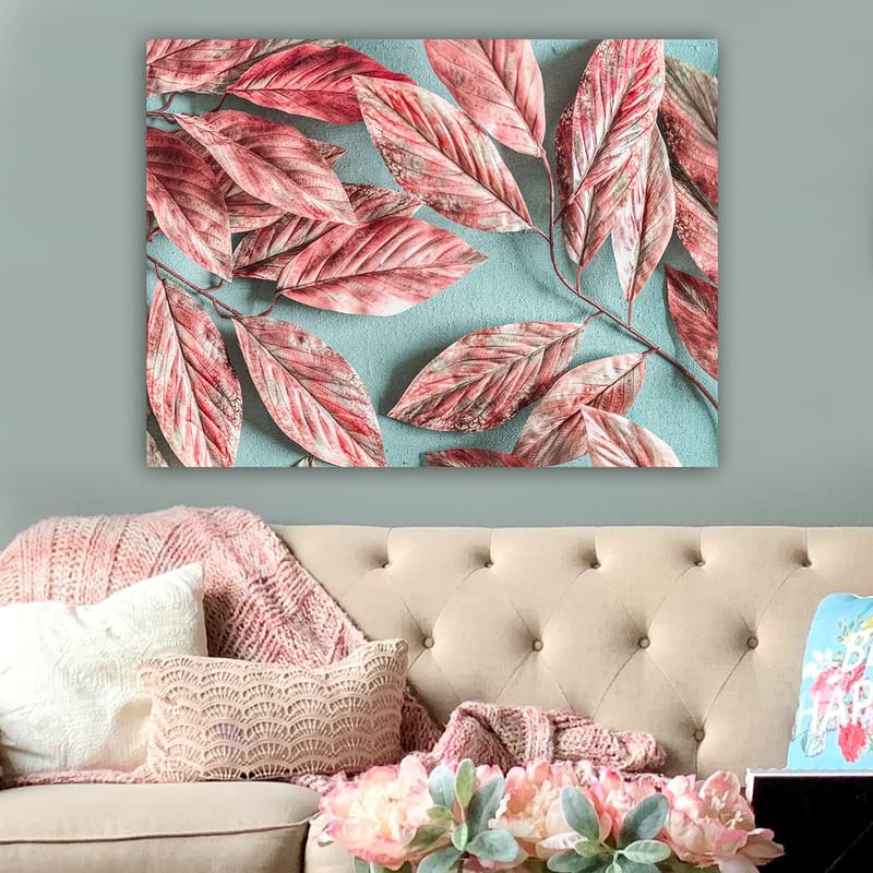 Lerretsbilde 70x100 cm - Fargerike blader i rosa og røde nyanser mot en lyseblå bakgrunn - Rosa / Lys blå - Interiør - Maleri & posters - Lerretsbilder