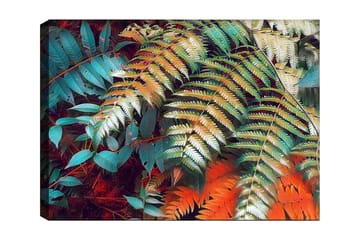 Lerretsbilde 70x100 cm - Fargerike bregneblader i en livlig komposisjon - Turkis / Grønn / Oransje - Interiør - Maleri & posters - Lerretsbilder
