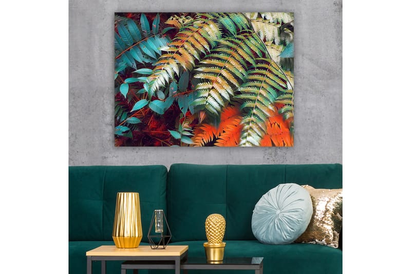 Lerretsbilde 70x100 cm - Fargerike bregneblader i en livlig komposisjon - Turkis / Grønn / Oransje - Interiør - Maleri & posters - Lerretsbilder