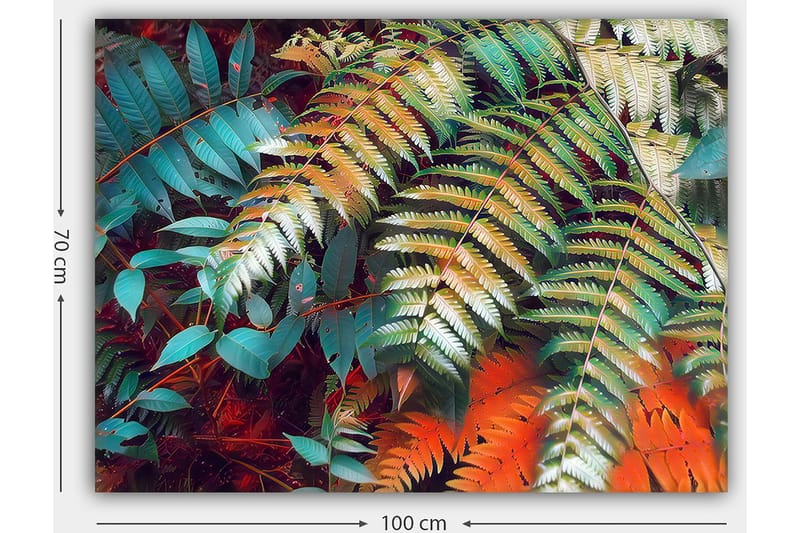 Lerretsbilde 70x100 cm - Fargerike bregneblader i en livlig komposisjon - Turkis / Grønn / Oransje - Interiør - Maleri & posters - Lerretsbilder