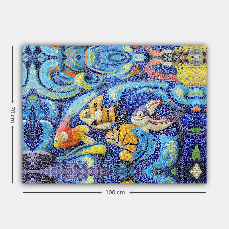 Lerretsbilde 70x100 cm - Fargerike fisker svømmer i et livlig undervannsmiljø - Blå / Oransje / Gul - Interiør - Maleri & posters - Lerretsbilder