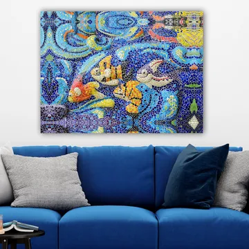 Lerretsbilde 70x100 cm - Fargerike fisker svømmer i et livlig undervannsmiljø - Blå / Oransje / Gul - Interiør - Maleri & posters - Lerretsbilder