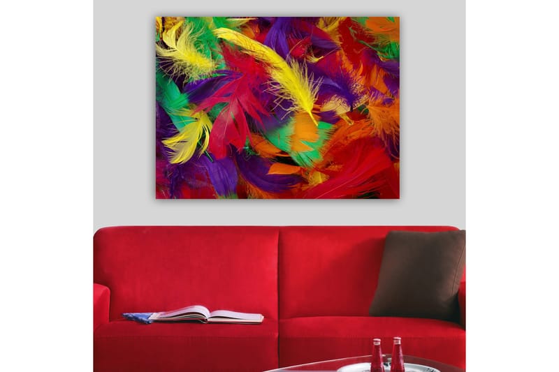 Lerretsbilde 70x100 cm - Fargerike fjær i en livlig komposisjon - Rød / Gul / Grønn - Interiør - Maleri & posters - Lerretsbilder
