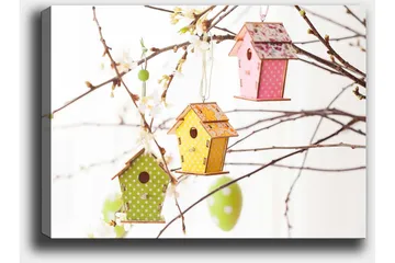 Lerretsbilde 70x100 cm - Fargerike fuglehus hengende i grener med blomster - Grønn / Gul / Rosa - Interiør - Maleri & posters - Lerretsbilder