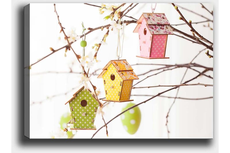 Lerretsbilde 70x100 cm - Fargerike fuglehus hengende i grener med blomster - Grønn / Gul / Rosa - Interiør - Maleri & posters - Lerretsbilder