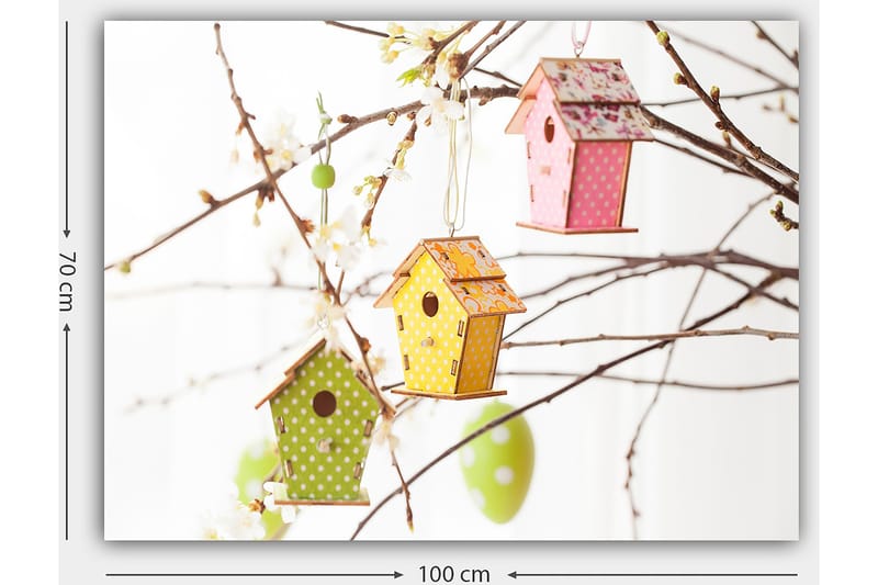 Lerretsbilde 70x100 cm - Fargerike fuglehus hengende i grener med blomster - Grønn / Gul / Rosa - Interiør - Maleri & posters - Lerretsbilder