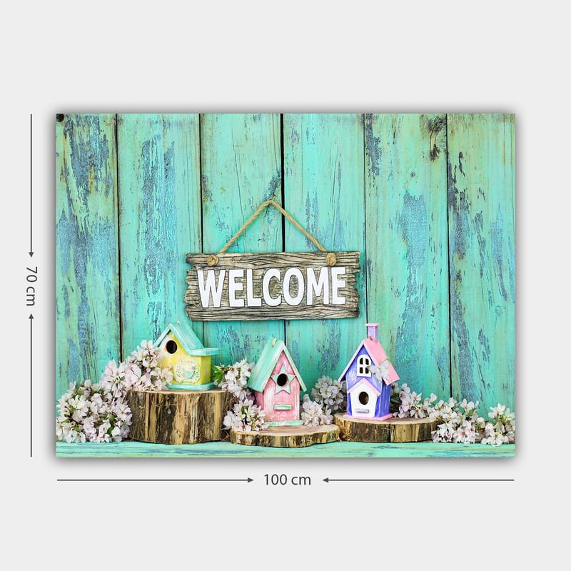 Lerretsbilde 70x100 cm - Fargerike fuglehus i et innbydende miljø med et treskilt - Turkis / Rosa / Gul - Interiør - Maleri & posters - Lerretsbilder