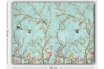 Lerretsbilde 70x100 cm - Fargerike fugler som sitter på grener med blomster mot en lyseblå bakgrunn - Lys blå / Rosa / Brun - Interiør - Maleri & posters - Lerretsbilder