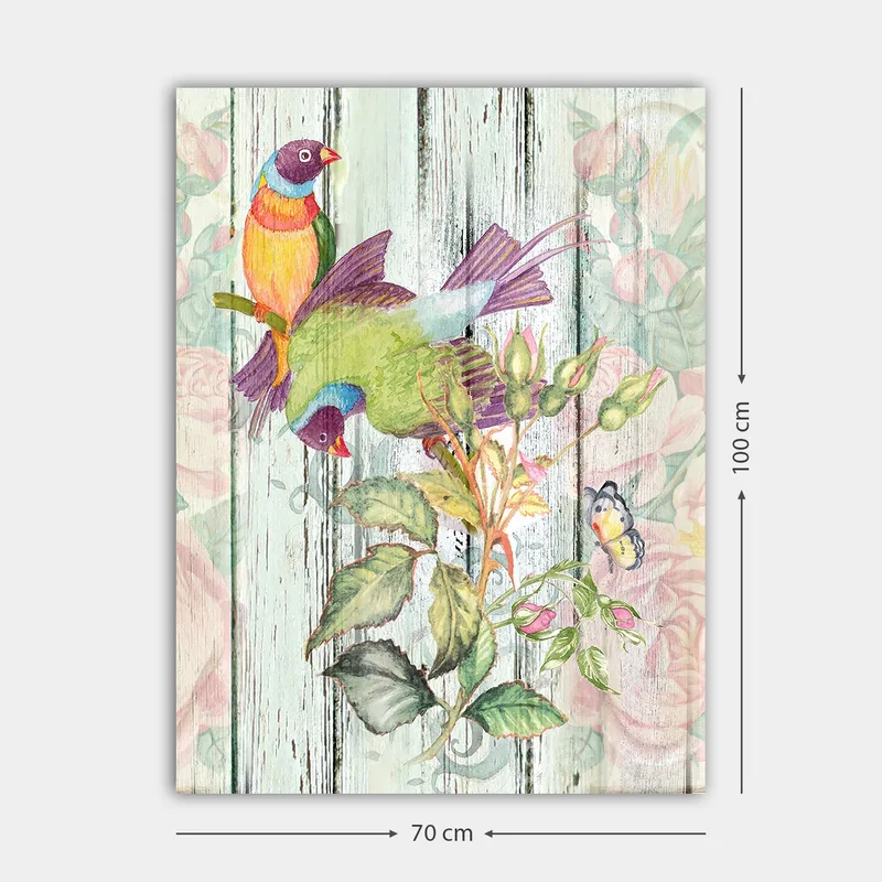 Lerretsbilde 70x100 cm - Fargerike fugler som sitter på en blomstrende gren - Grønn / Blå / Oransje - Interiør - Maleri & posters - Lerretsbilder