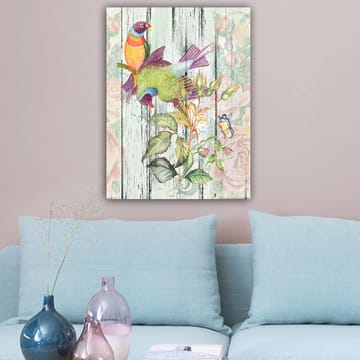 Lerretsbilde 70x100 cm - Fargerike fugler som sitter på en blomstrende gren - Grønn / Blå / Oransje - Interiør - Maleri & posters - Lerretsbilder