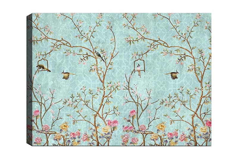 Lerretsbilde 70x100 cm - Fargerike fugler som sitter på grener med blomster mot en lyseblå bakgrunn, Lys blå / Rosa / Brun