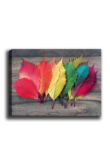 Lerretsbilde 70x100 cm - Fargerike høstblader i forskjellige nyanser som ligger på en treflate - Rød / Grønn / Gul - Interiør - Maleri & posters - Lerretsbilder