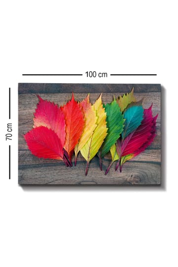 Lerretsbilde 70x100 cm - Fargerike høstblader i forskjellige nyanser som ligger på en treflate - Rød / Grønn / Gul - Interiør - Maleri & posters - Lerretsbilder