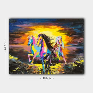 Lerretsbilde 70x100 cm - Fargerike hester som galopperer mot en lys bakgrunn - Rosa / Gul / Blå - Interiør - Maleri & posters - Lerretsbilder